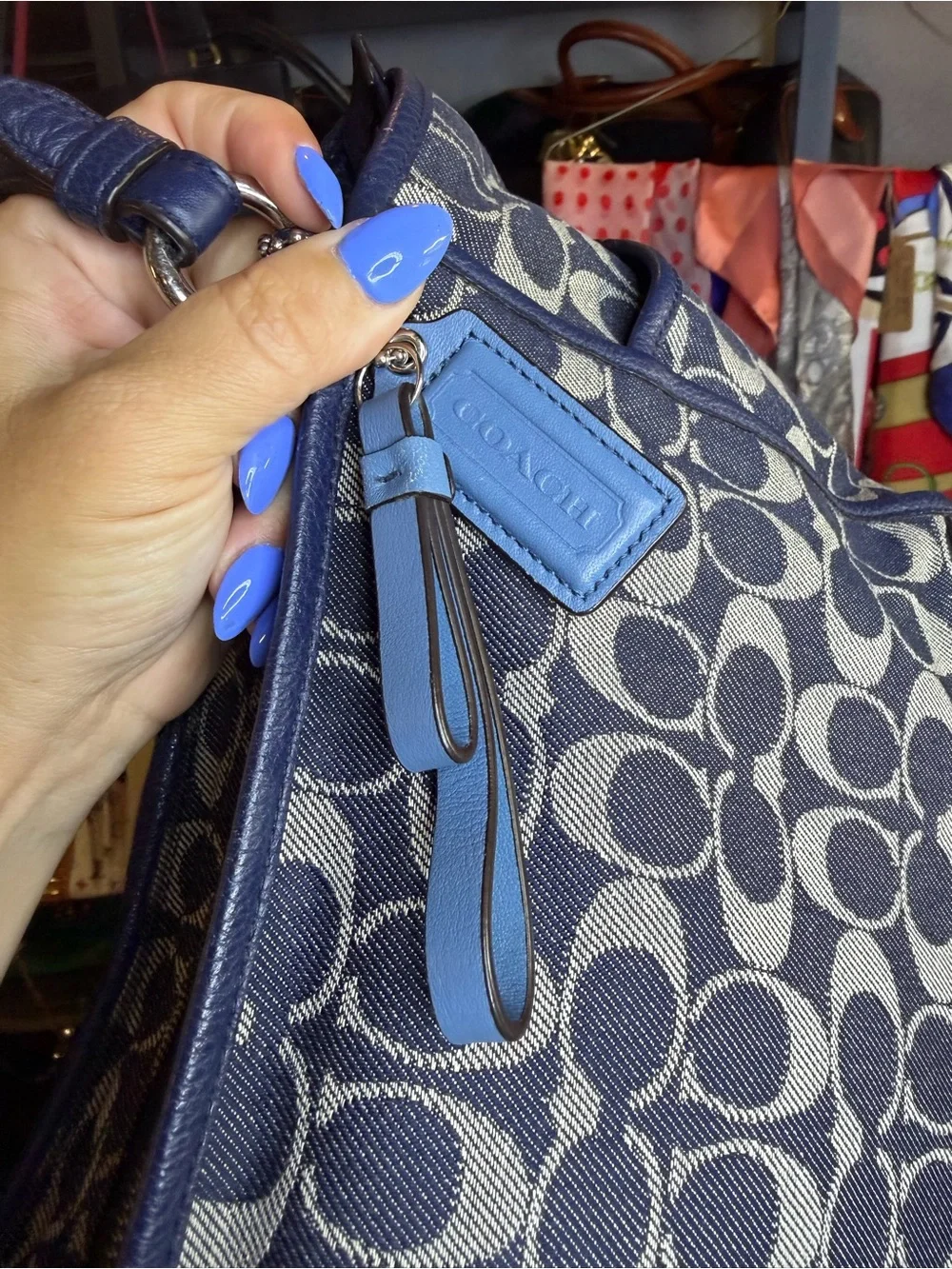 Coach Park Carrie Navy Denim Signature Canvas Tote with Blue Leather Trim